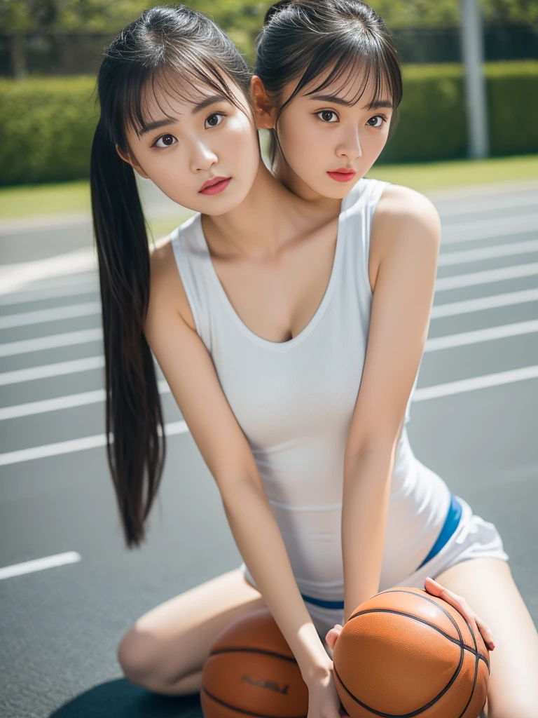 (8k、top-quality、​masterpiece:1.2)、(realisitic、Photorealsitic:1.37)、Ultra-detail、top-quality、超A high resolution、From head to thigh、professionally lit、Photon mapping、Radio City、physically-based renderingt、Cinematic lighting、Basketball court,gymnasium、depth of fields,Focusing,Sun'rays,Good composition,(bokeh:1.2),1 girl,(full body Esbian),(Keep your mouth shut),Beautiful eyes,the pose,Constriction,Basketball Uniforms,Cropped tank top、A darK-haired,poneyTail,(ulzzang-6500:1.2) mix4, hiqcgbody、Cleavage