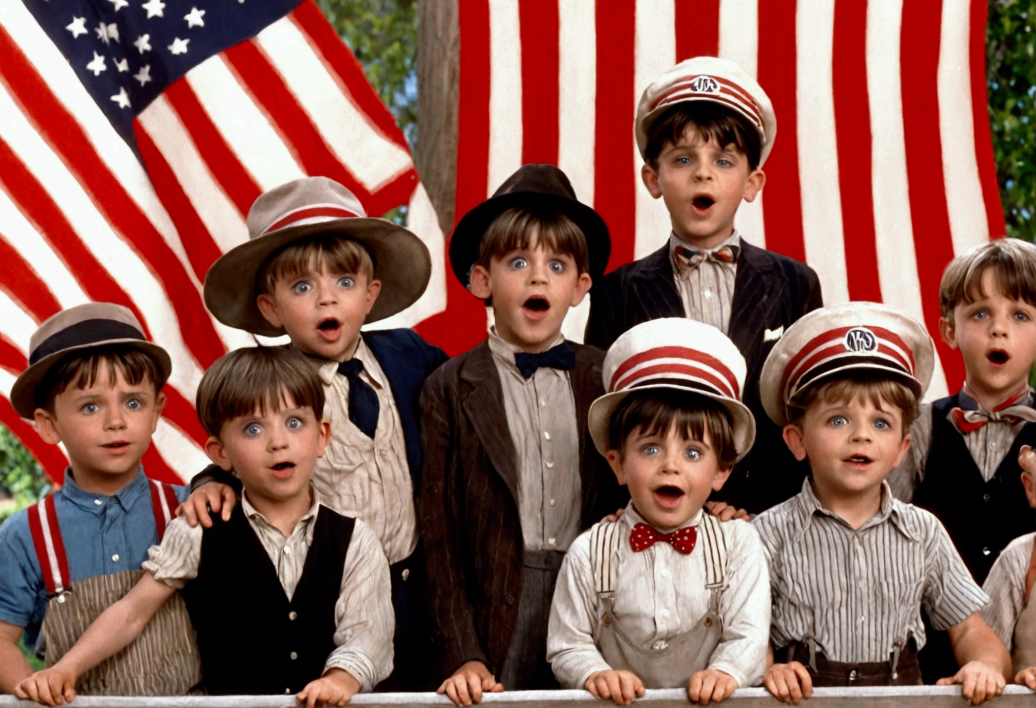 Classic TV, the little rascals, playfully hold up a MAGA banner, An american flag in the background