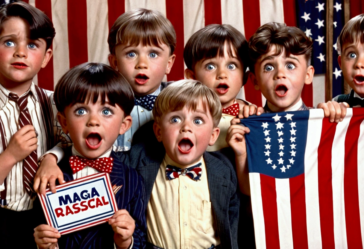 Classic TV, the little rascals, playfully hold up a MAGA banner, An american flag in the background