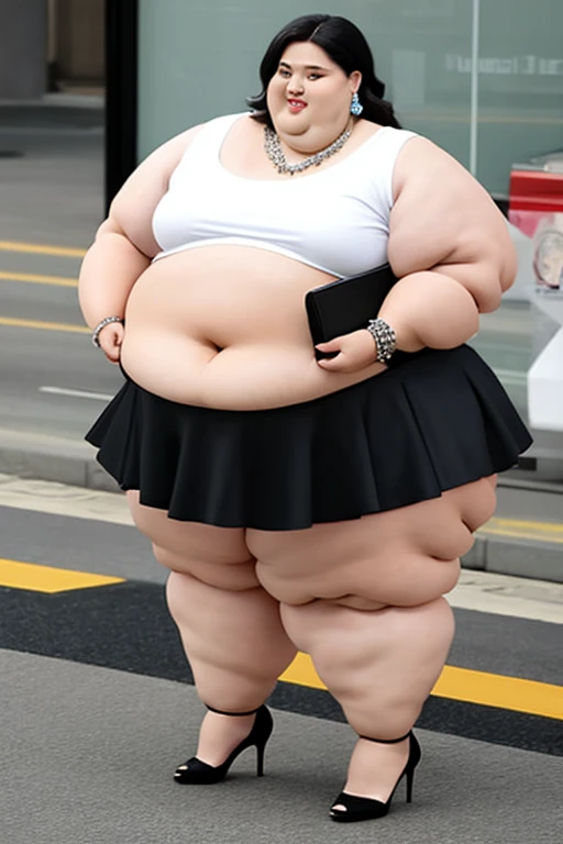 140kg extremely obese woman, large stomach, mini skirt, high heel, necklace, earring, bracelet