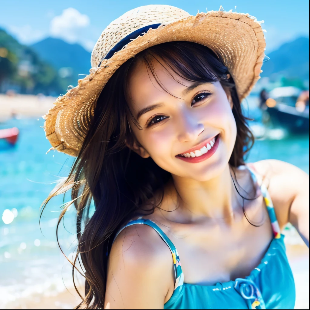 Top quality, one beautiful woman, summer fashion, at beach, smile