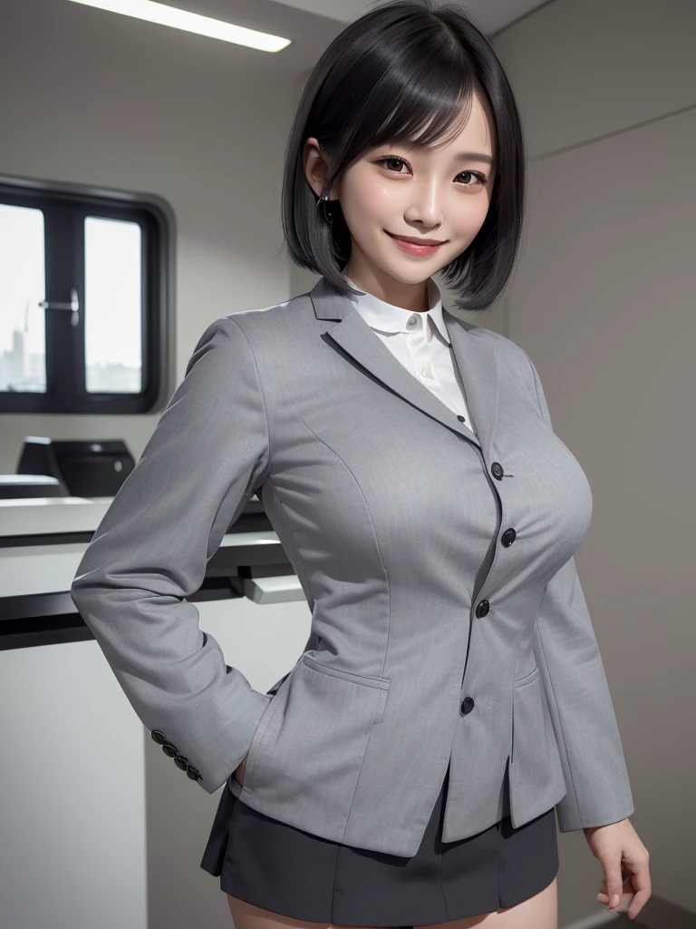 Highest quality、masterpiece、8k、Very detailed、Realistic、(One girl)、(Looking at me with a smile:1.5)、whole body、(Black Hair)、Short Hair、Small face、(Slender:1.2)、(Big Breasts:1.2)、(White business shirt with buttons and a collar:1.2)、(short tight skirt in gray,:1.2)、(Grey business jacket:1.2)