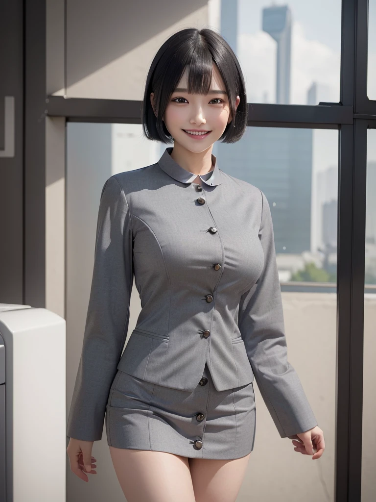 Highest quality、masterpiece、8k、Very detailed、Realistic、(One girl)、(Looking at me with a smile:1.5)、whole body、(Black Hair)、Short Hair、Small face、(Slender:1.2)、(Big Breasts:1.2)、(White business shirt with buttons and a collar:1.2)、(short tight skirt in gray,:1.2)、(Grey business jacket:1.2)