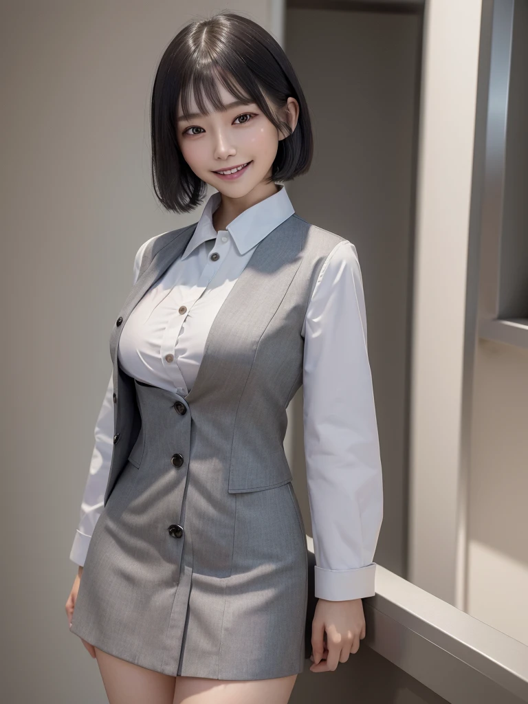 Highest quality、masterpiece、8k、Very detailed、Realistic、(One girl)、(Looking at me with a smile:1.5)、whole body、(Black Hair)、Short Hair、Small face、(Slender:1.2)、(Big Breasts:1.2)、(White business shirt with buttons and a collar:1.2)、(short tight skirt in gray,:1.2)、(Grey business jacket:1.2)