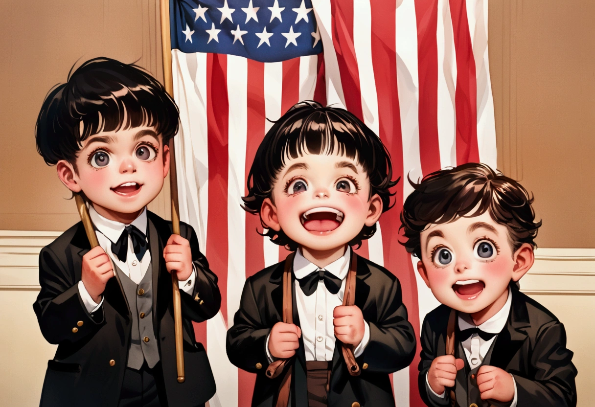 Classic TV, the little rascals, playfully hold up a MAGA banner, An american flag in the background