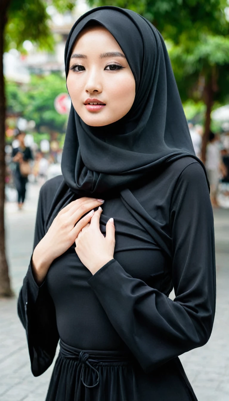 A beautiful white Asian girl in a long black hijab is pinching her breasts with both hands in public