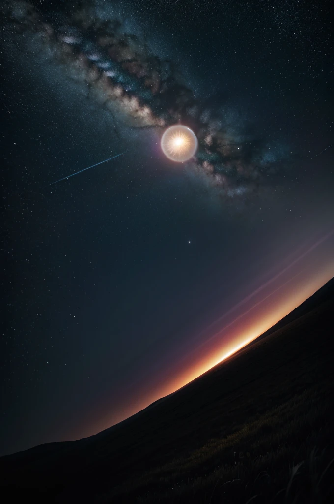 Give me a scene of a field with the sky having a black hole orbiting a star