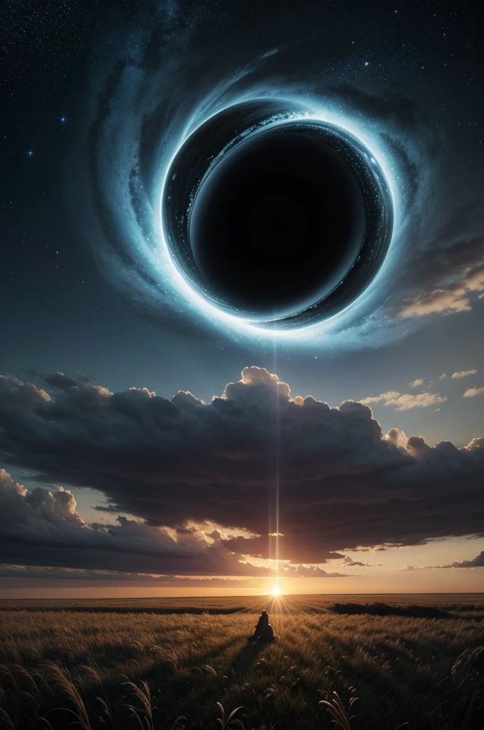 Give me a scene of a field with the sky having a black hole orbiting a star
