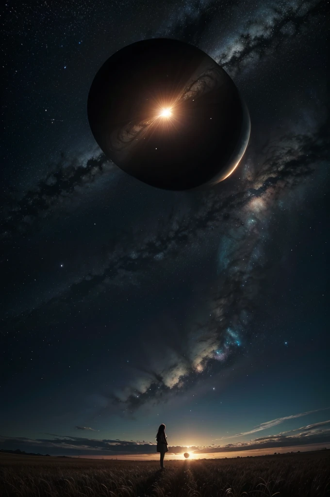 Give me a scene of a field with the sky having a black hole orbiting a star
