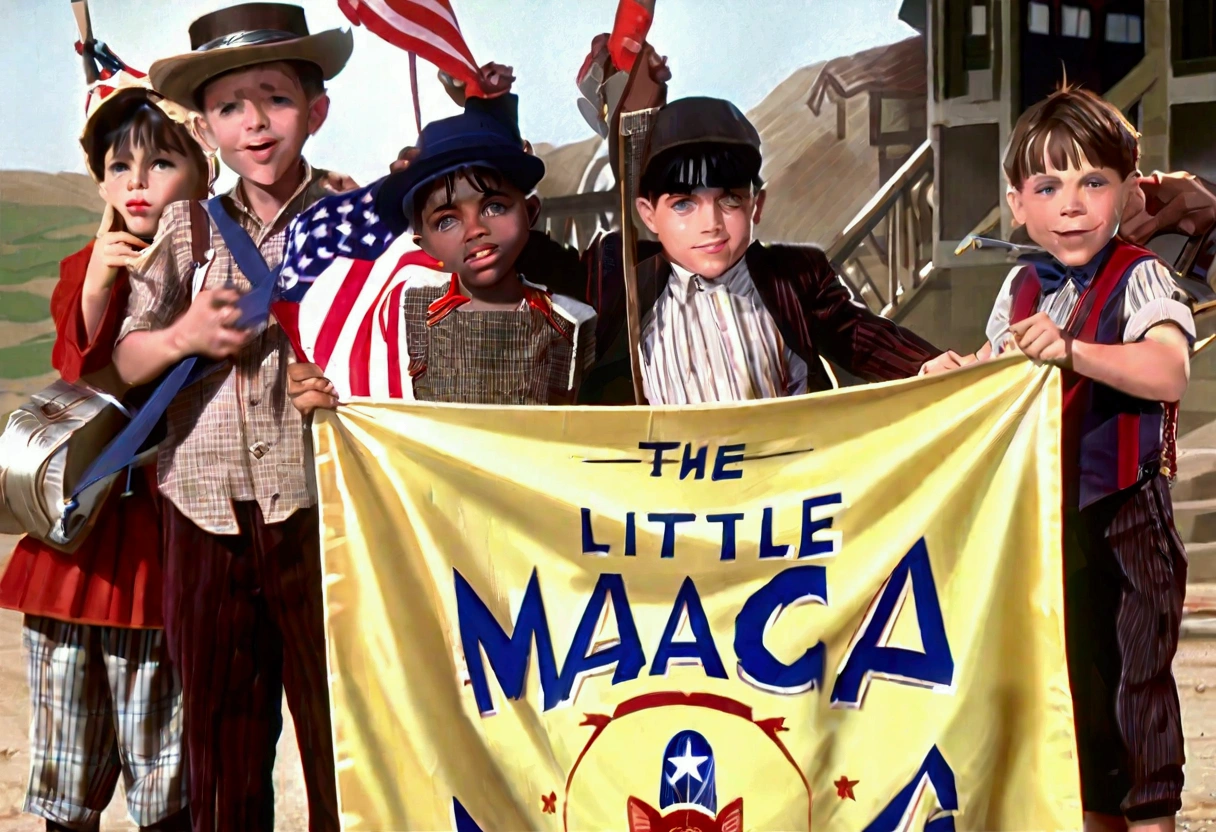 Classic TV, the little rascals, playfully hold up a MAGA banner, An american flag in the background