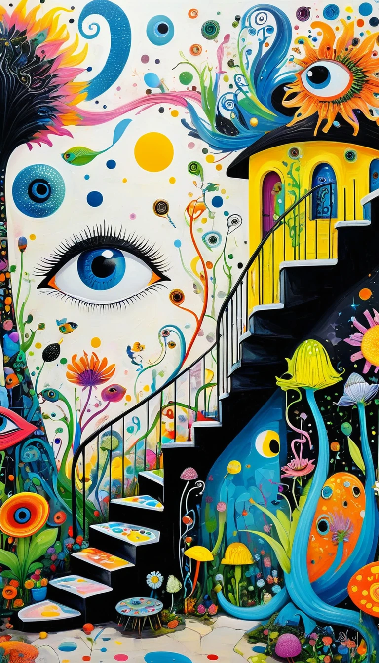 Children's graffiti,Thick coating,Concave and convex texture,Oil pastel strokes:Colorful black,Dopamine color matching,爱吃fish的猫、flowesh、spiral staircase、Tentacles、bird、(((Eye)))、diatom,Abstract mosaic painting,Describing the inner world of autistic people,Sense of space,Large area of white,interesting,Innocence,Vision,Psychedelic Art,Incorporating Picasso's artistic style
