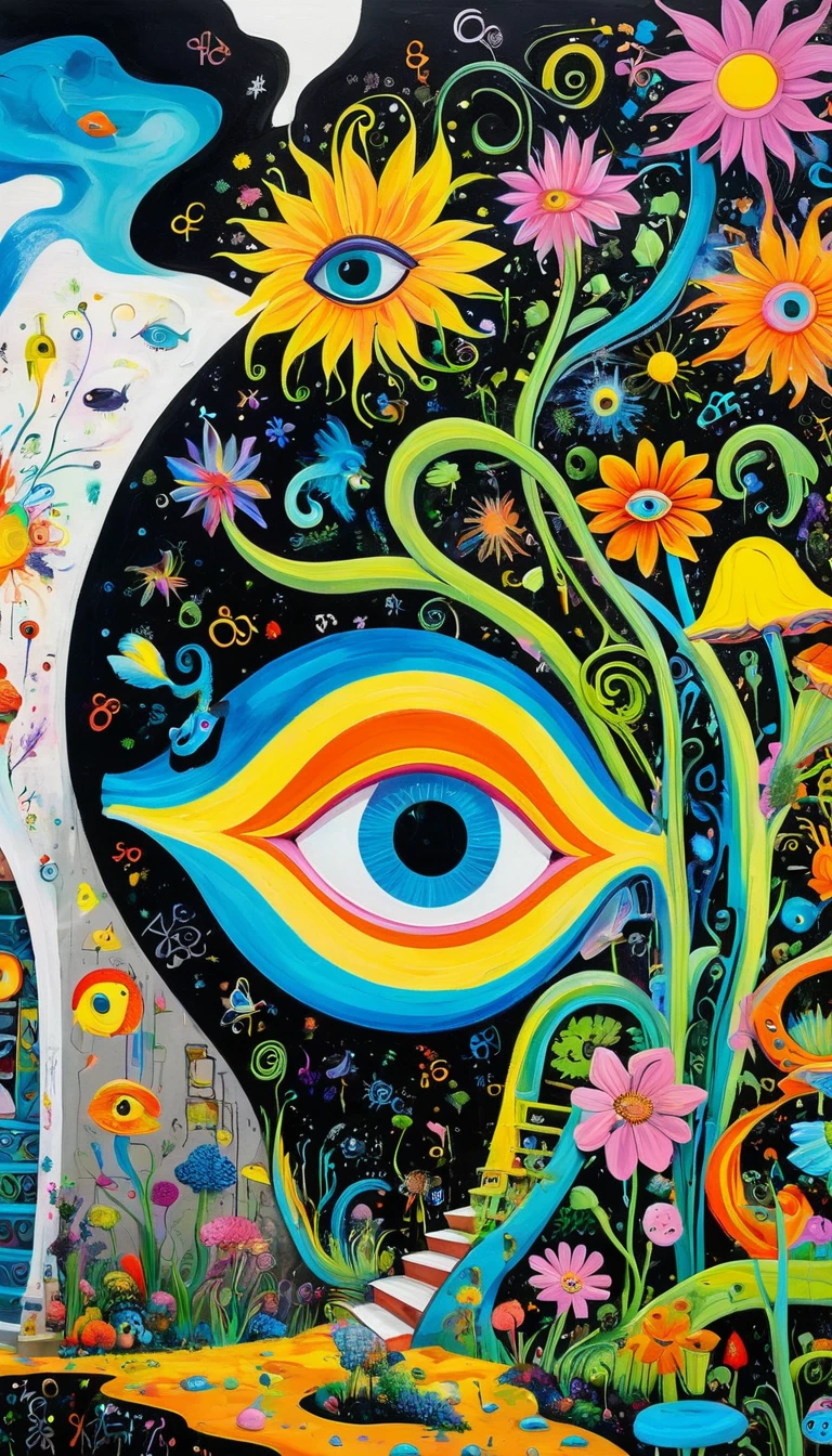 Children's graffiti,Thick coating,Concave and convex texture,Oil pastel strokes:Colorful black,Dopamine color matching,爱吃fish的猫、flowesh、spiral staircase、Tentacles、bird、(((Eye)))、diatom,Abstract mosaic painting,Describing the inner world of autistic people,Sense of space,Large area of white,interesting,Innocence,Vision,Psychedelic Art,Incorporating Picasso's artistic style