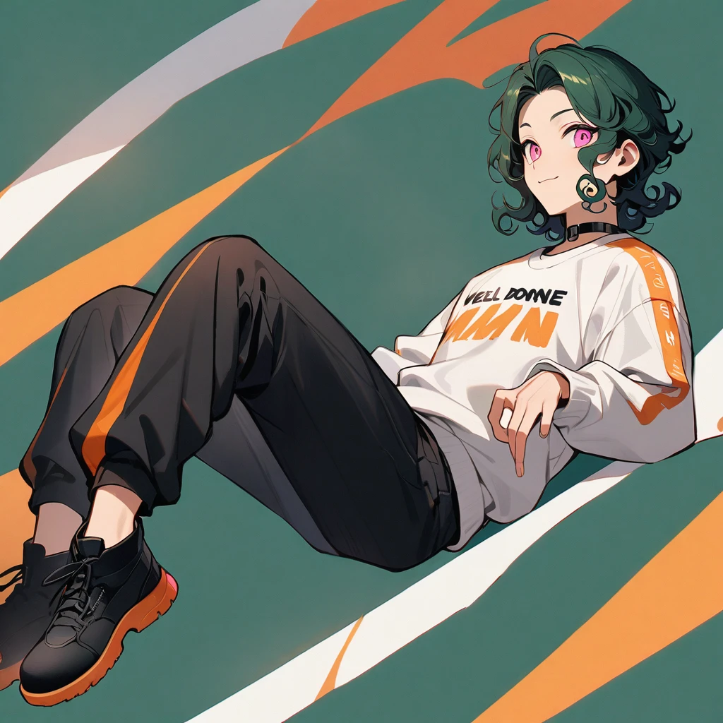 (well done:1) man, long dark green curly hair, pink eyes, black choker, white sweatshirt with orange details, black sweatpants, black boots.