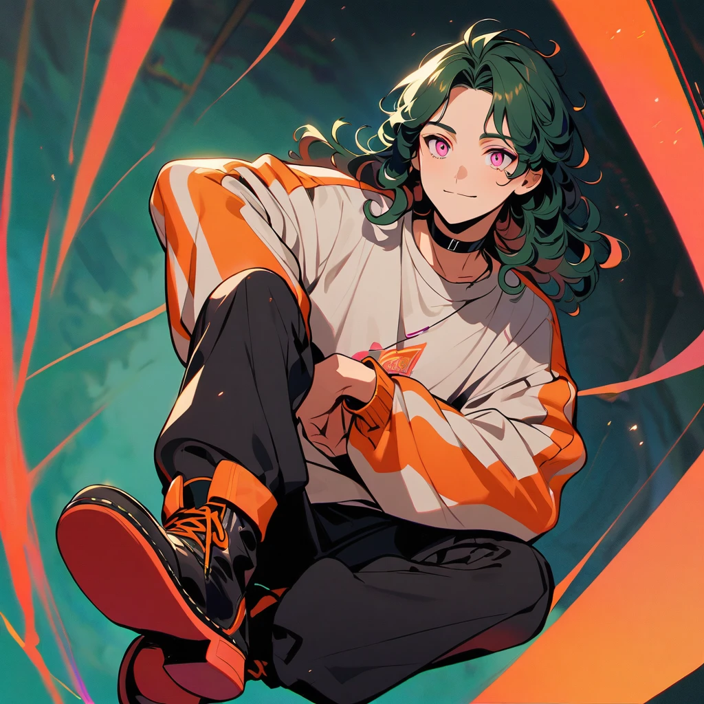 (well done:1) man, long dark green curly hair, pink eyes, black choker, white sweatshirt with orange details, black sweatpants, black boots.