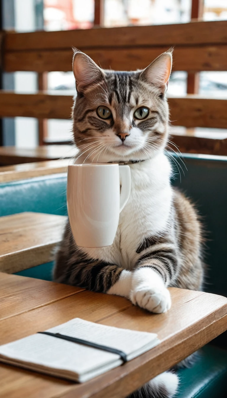 photography of a friendly cat sit with one armrest on the table in the cafe, and they holding a cup of coffee. no blur