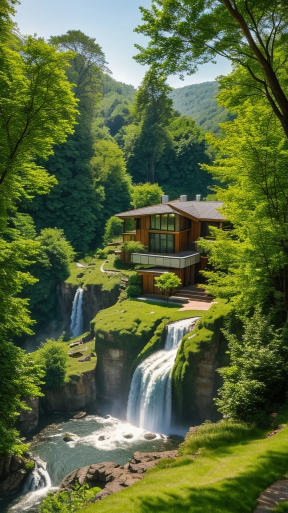 A modern house built into the side of a lush, green mountain with multiple waterfalls cascading down the cliffs. The house has large glass windows and multiple levels, blending seamlessly with the natural surroundings. The scene is serene and picturesque, with mist rising from the waterfalls and sunlight filtering through the trees. Birds are flying in the distance, adding to the peaceful atmosphere