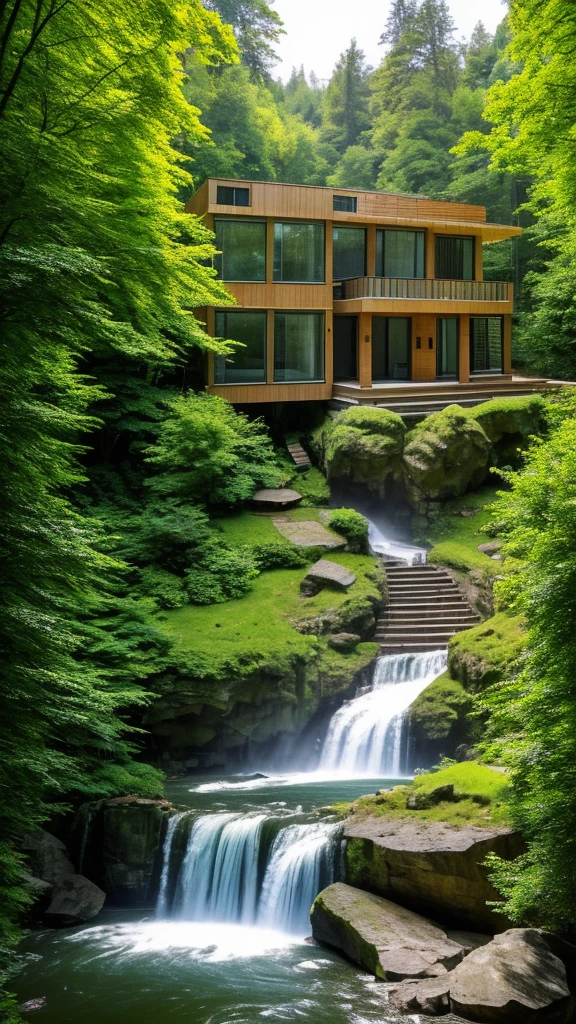 A modern house built into the side of a lush, green mountain with multiple waterfalls cascading down the cliffs. The house has large glass windows and multiple levels, blending seamlessly with the natural surroundings. The scene is serene and picturesque, with mist rising from the waterfalls and sunlight filtering through the trees. Birds are flying in the distance, adding to the peaceful atmosphere