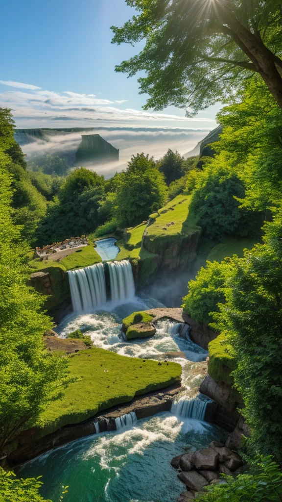 A modern house built into the side of a lush, green mountain with multiple waterfalls cascading down the cliffs. The house has large glass windows and multiple levels, blending seamlessly with the natural surroundings. The scene is serene and picturesque, with mist rising from the waterfalls and sunlight filtering through the trees. Birds are flying in the distance, adding to the peaceful atmosphere