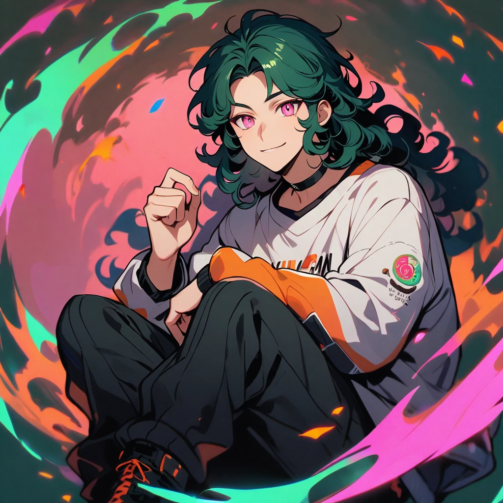 (well done:1) man, long dark green curly hair, pink eyes, black choker, white sweatshirt with orange details, black sweatpants, black boots.