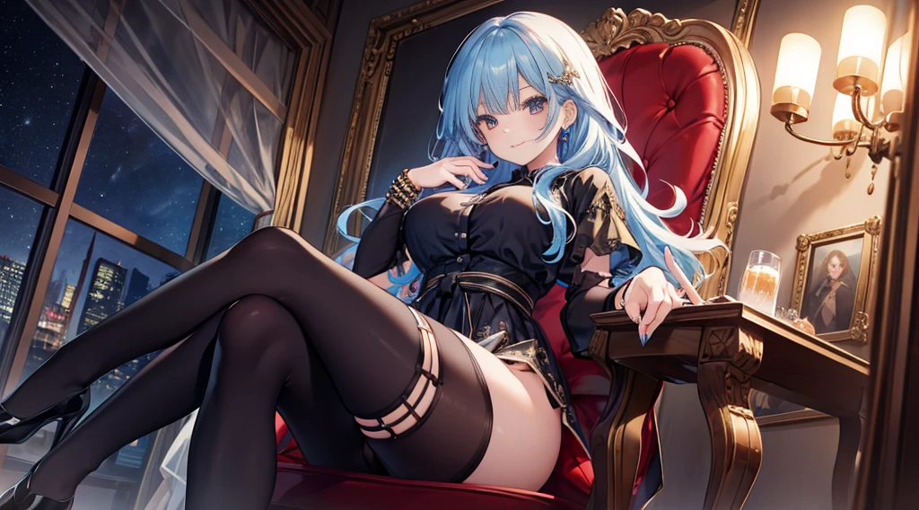Highest quality, masterpiece, figure, wallpaper,One girl,Black Shirt, Light Hair, Beautiful detailed girl, Highly detailed eyes and face, Beautiful attention to detail, Shine,Browsing Caution, View your viewers, Chair, night, Black Pantyhose, Straight hair, Red Eyes, Semi-long hair,Light blue hair, thick_Thighs, Large Breasts, Red eyes,beautiful finger, clear background, deep night, sit、smile、Big earrings、bracelet、Gal、candle、Manicure