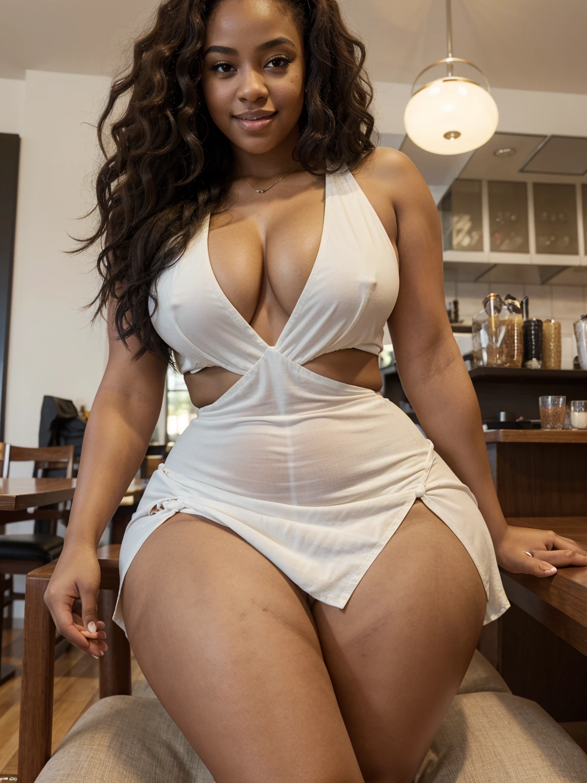 SITTING in the chair, in the restaurant, drinking smoothie, white dress, sideways picture, alone, smiling black woman, curly hair,curlys, street of bamaga australia, young goddess, gorgeous black lady, gorgeous black woman, gorgeous female, light skin, beautiful goddess, 24 years old, beautiful eyebrows, brown eyes, very beautiful, fitness body, very attractive, dear, very sweet, beautiful, beautiful model posing, long hair, hourglass waist, wide legs, medium breasts, big buttocks, alone, curvy figure, beautiful thick, thick body, wide hips, thicc, curvy model, curvy accentuated booty, curvy body, skinny waist and thick hips