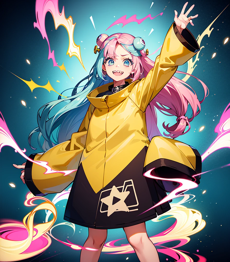Highest quality、masterpiece、Anime Style、Pink hair and blue eyes、Yellow Jacket、Please raise your right hand、Lower your left hand、Stand only on your right foot、Raise your left leg。Sharp teeth、smile、White Background,Nanjamo,No text