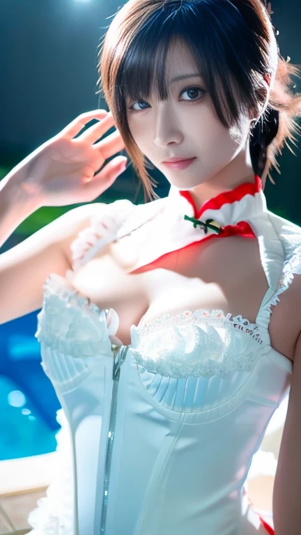 25 year old married woman,Perfectly crafted eyes,Smooth and shiny hair、3D image、Crystal clear white skin,The bust is very large、Full body image、Poolside background、High resolution、high resolution、white and blue cheongsam、high resolution写真、Doing erotic poses、Poses that accentuate the chest