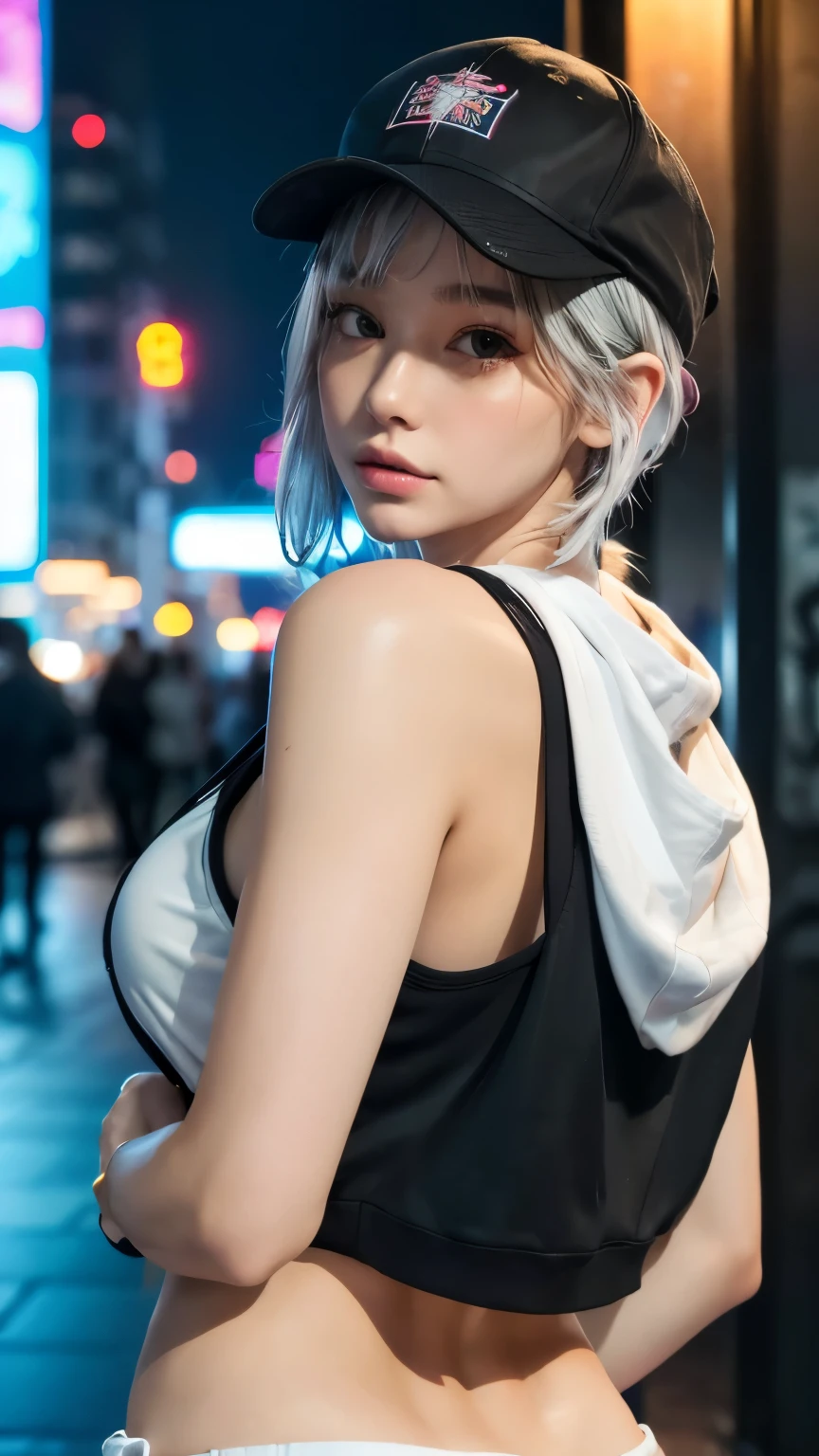 masterpiece, Highest quality, Very detailed, 8k, Realistic, One Girl, alone, Tomboy, Very detailed face, (head shot:1.5), Cyberpunk neon lit futuristic city、Neon lights illuminate the scene, at night, Cyberpunk art, 32K, Ultra HD, Unreal Engine Rendering, Cinematic lighting Standing in front of a wall covered in hip hop graffiti, Pixie cut white hair, He is wearing a short tank top and an open-zipped hoodie.....,I can see your chest,Nice ass,Wear a New Era cap