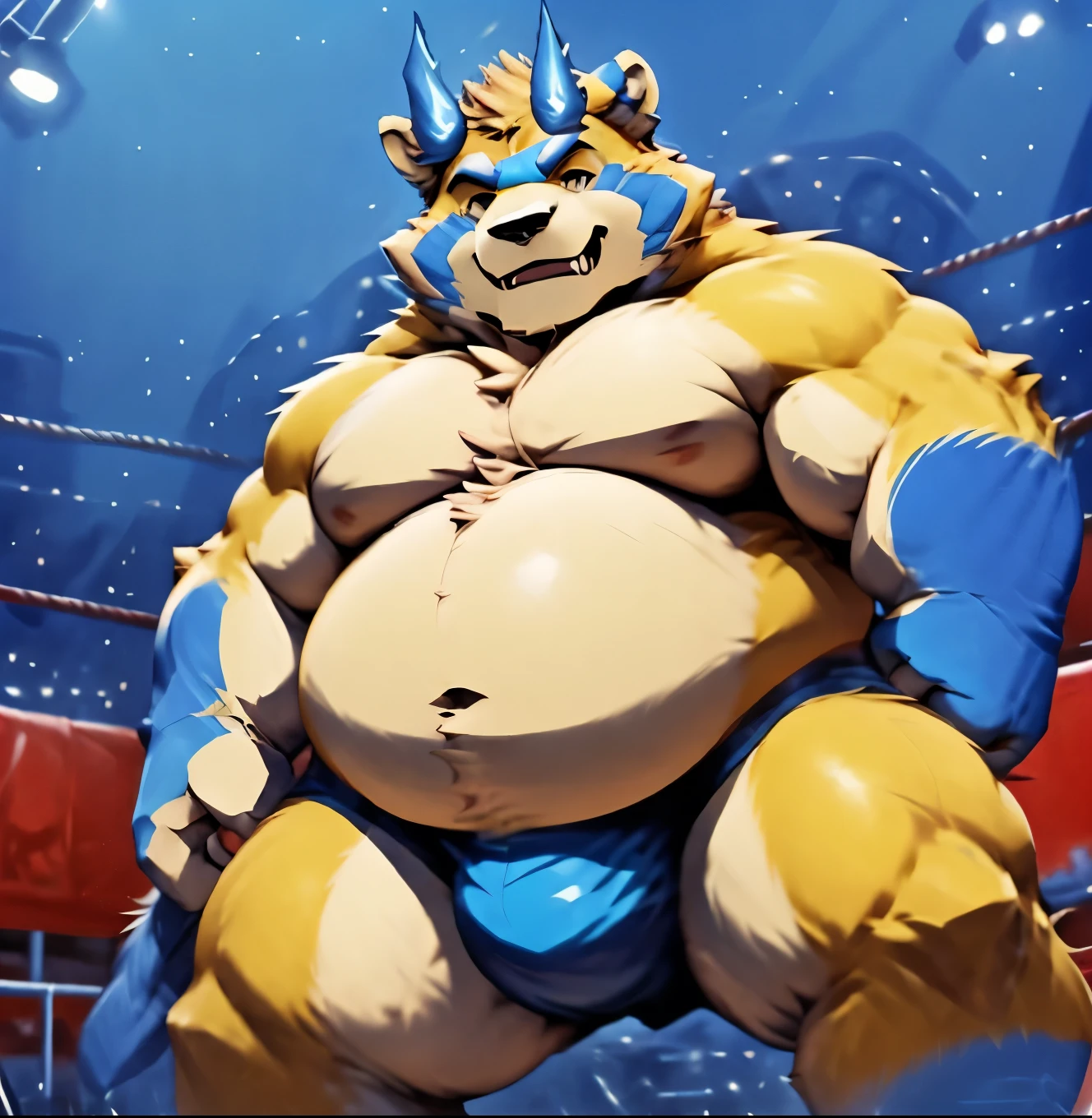 standing alone, fat, sharped teeth, fangs, thick face, wide face, broadshouldered, brawny, buff, stark,, gigant , Massive, huge assigant assscoig biceps, large pecs, Body verde, chubby, big belly , detailed groin, massive bulge, by darkgem, by Mystikfox61, by chunie, Looking at Viewer, grimdark, Dramatic, grit , wrestling venue, grandstand, blue space suit, 's uniform, wrestling,botailang,