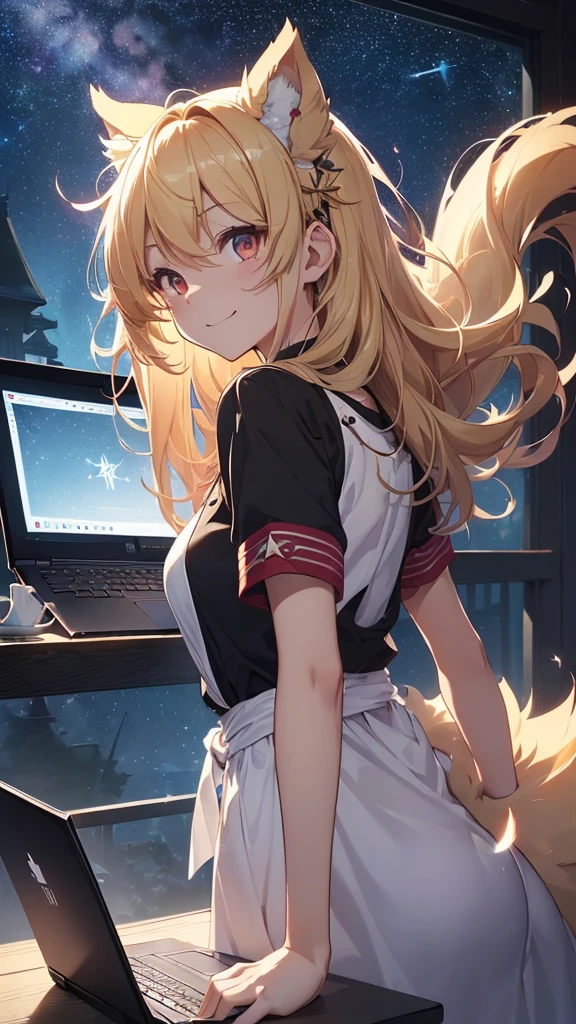 最high quality、Best image quality、masterpiece、girl((18-year-old、 By becoming、Best Bust、Medium Bust,Tea that opened my chest wide、Red glowing eyes, blonde、Messy Hair、Long Hair、thin,Highest valley、Black open neck short sleeve shirt、Open the chest、White wristband、smile、Leaning forward、hair ornaments、Have a laptop、Angle from the side、Fur Tail)),high quality、Beautiful art、background(Starry Sky、Lines of Light)、Flight、Flying debris、Written boundary depth、movie、Visual Arts、Perfect art、8k,Genuine、Makoto Shinkai atmosphere