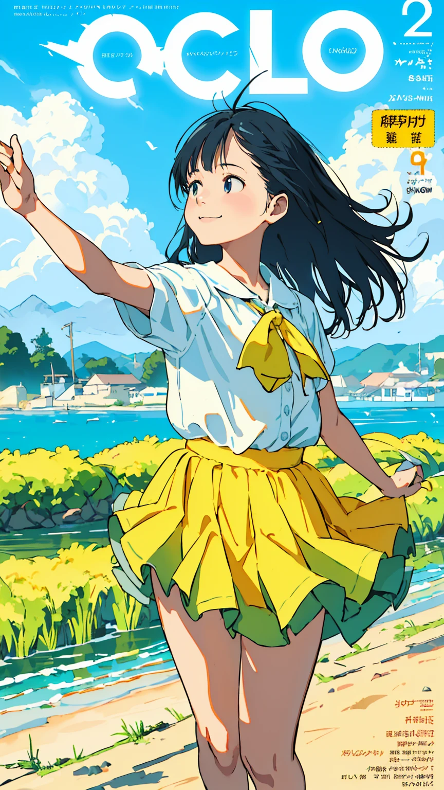 Reasonable design, Clear lines, High Sharpness, (Highest quality,4K,Perfect sharpness,Ultra-fine,High resolution,masterpiece:1.2), Perfect Anatomy:1.5, Official Art, Illustrations that tell a story, (Whitish background:0. 9)、Body Positivity、Diverse physical expressions、((Random and energetic poses))、Perfect beauty、Perfect beautiful face、(Strong winds)、Rich expressiveness、Dynamic configuration、smile、Golden ratio composition、colorful、((Different angles and perspectives))、Anime Drawing Skirt、(Overcoming stereotypes)、 Glowing Skin、(Natural Beauty)、bangs、Straight hair、(Soft and flowing hair)、(countryside)、(Nostalgic atmosphere)、Put it on your feet、(Playful and easygoing)、(diverse characters)、(Graceful posture)、(Sunny atmosphere)、(Bright colors)、Inserted up to the thighs、Skirt fluttering in the wind、Angle from above、Cheerful girl、Weekly magazine cover、