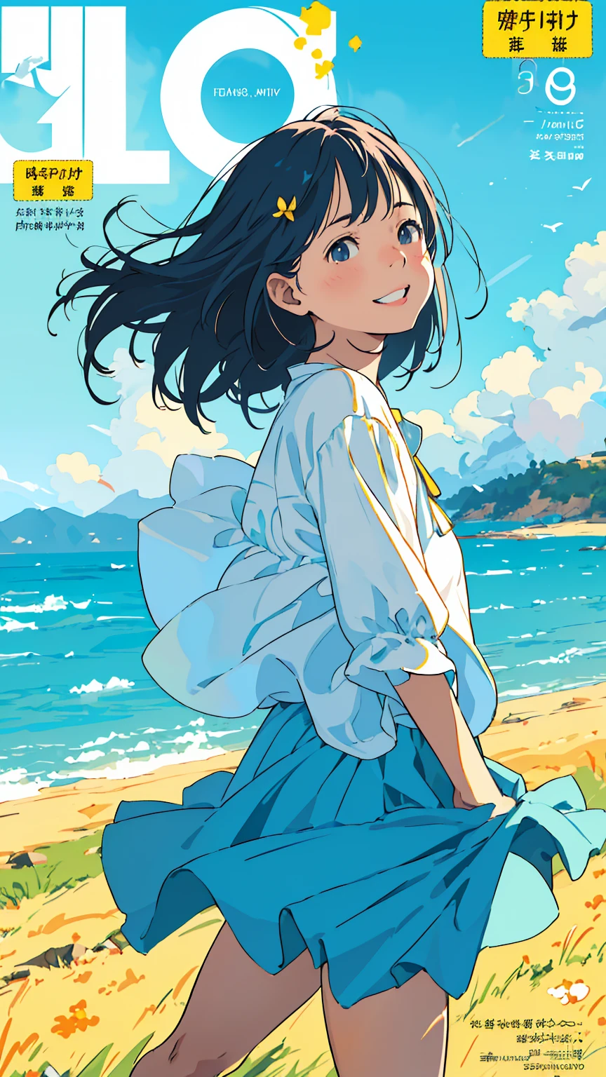 Reasonable design, Clear lines, High Sharpness, (Highest quality,4K,Perfect sharpness,Ultra-fine,High resolution,masterpiece:1.2), Perfect Anatomy:1.5, Official Art, Illustrations that tell a story, (Whitish background:0. 9）、Body Positivity、Diverse physical expressions、（(Random and energetic poses)）、Perfect beauty、Perfect beautiful face、(Strong winds)、Rich expressiveness、Dynamic configuration、smile、Golden ratio composition、colorful、（(Different angles and perspectives))、Anime Drawing Skirt、（Overcoming stereotypes）、 Glowing Skin、（Natural Beauty）、bangs、Straight hair、（Soft and flowing hair）、（countryside）、（Nostalgic atmosphere）、Put it on your feet、（Playful and easygoing）、（diverse characters）、（Graceful posture）、（Sunny atmosphere）、（Bright colors）、Inserted up to the thighs、Skirt fluttering in the wind、Angle from above、Cheerful girl、Weekly magazine cover、