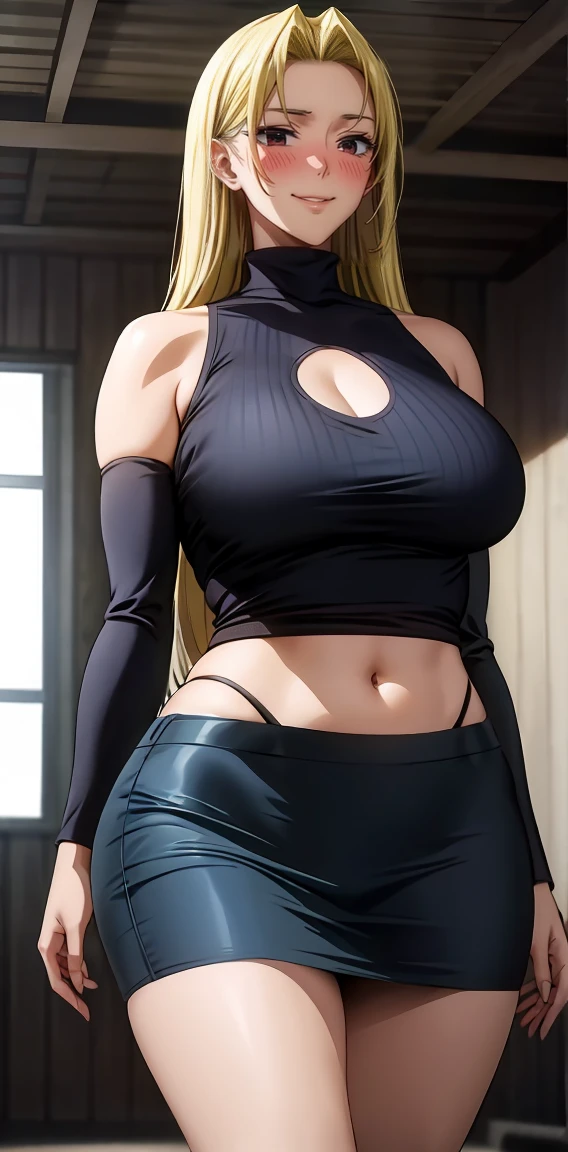 (masterpiece:1.3, highest quality, Ultra-high resolution, Ultra-detailed), (Realistic, photoRealistic:1.4), Beautiful illustrations, (Natural side lighting, Cinema lighting), Depth of written boundary,
Watching the audience, Yuki tsukumo from jujutsu kaisen, long hair, blonde hair, front view detailed body, long belly, big , Slender body, tight body , thicc medium breast , thicc thighs, standing , sweater, loose sweater, bare shoulders, collarbone, navel, plated skirt, black stockings, 