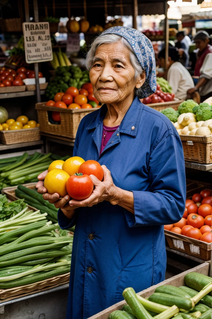 An old woman selling vegetables in the market