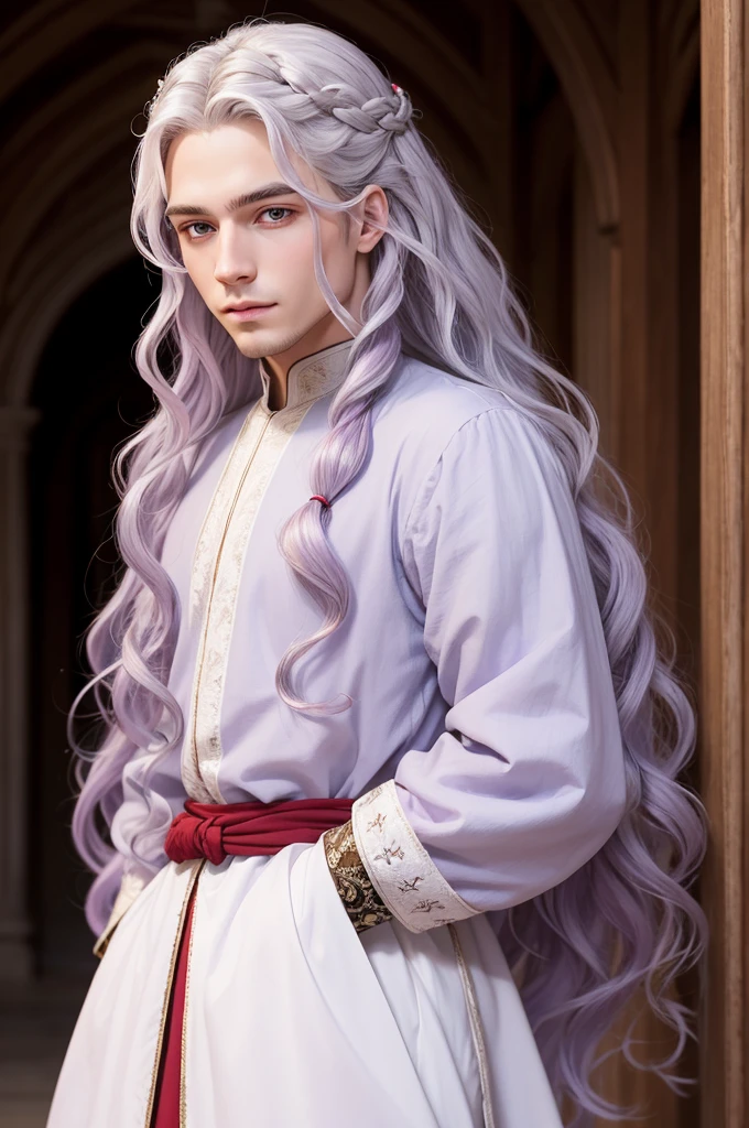 Create an image for me of a guy with platinum wavy hair, lilac eyes and white medieval royal clothing with red