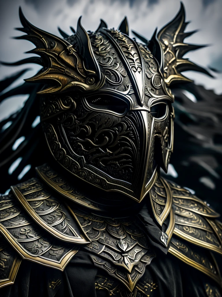 Dragon with wings in armor and helmet with mask on his face