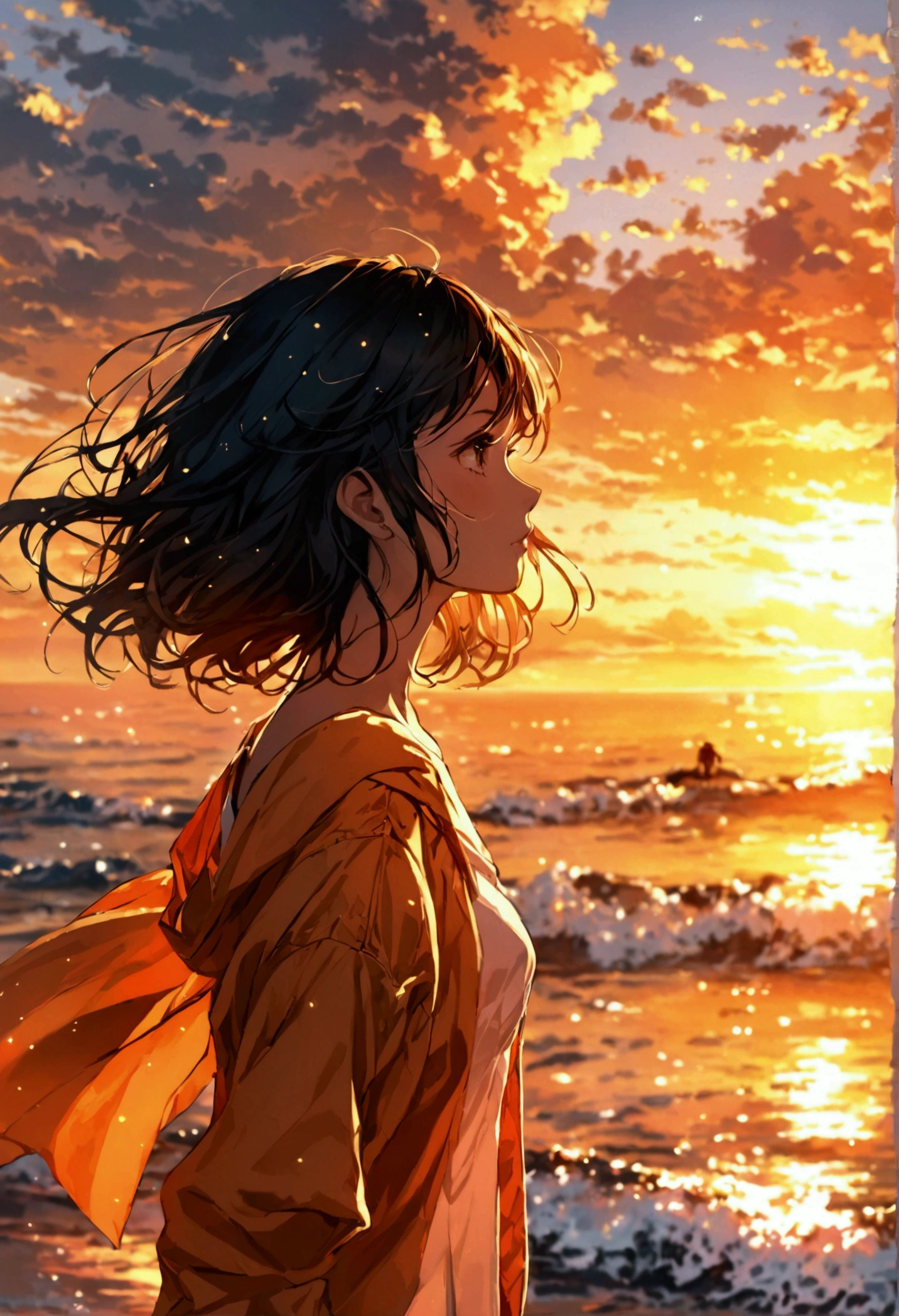 A girl with a car at beautiful sunset at the ocean
