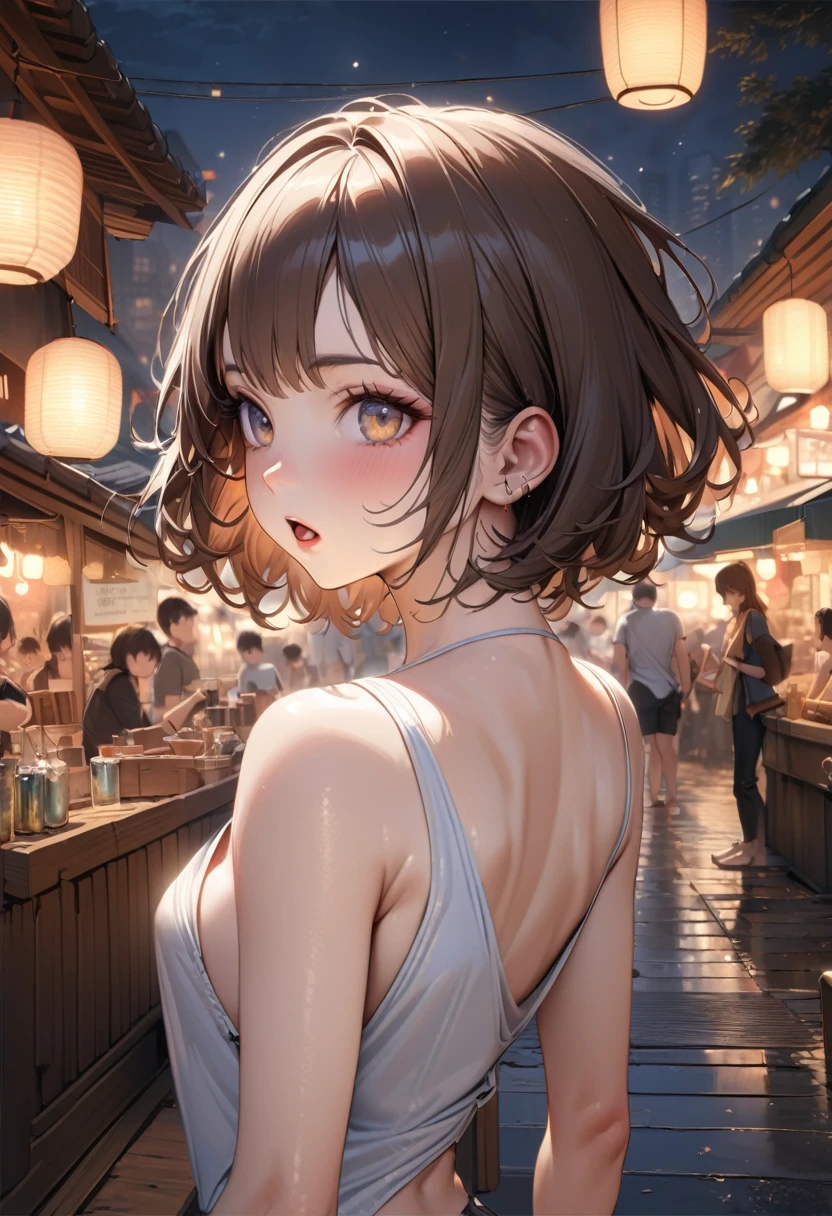 Short hair, outdoors, fair skin, messy hair, open mouth, Japanese woman, So cute, Soft and Face, Brown Hair, 8k解像度, Ultra-realistic, Super Definition, Soft Body Tight Ass Night, A cup small ((Highest resolution, 8k, masterpiece: 1.3)), Super Definition Face, Super Definition Lips, Beautiful Eyes, double eyelid