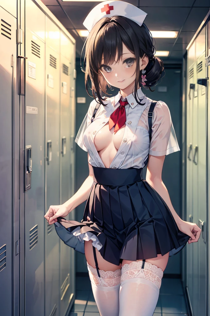 (masterpiece), (Many women),Many women,White nurse dress with front opening,Skirt lining,Nurse cap,Tied up hairstyle,Small breasts,Small Ass,Natural light, Realistic, skinny, (Please lift your skirt), With a smile. White Stockings,Long nipples,Areola,See-through bra,((Lace bloomers)),(Everyone gets changed in the locker room...),Preparing to return home
