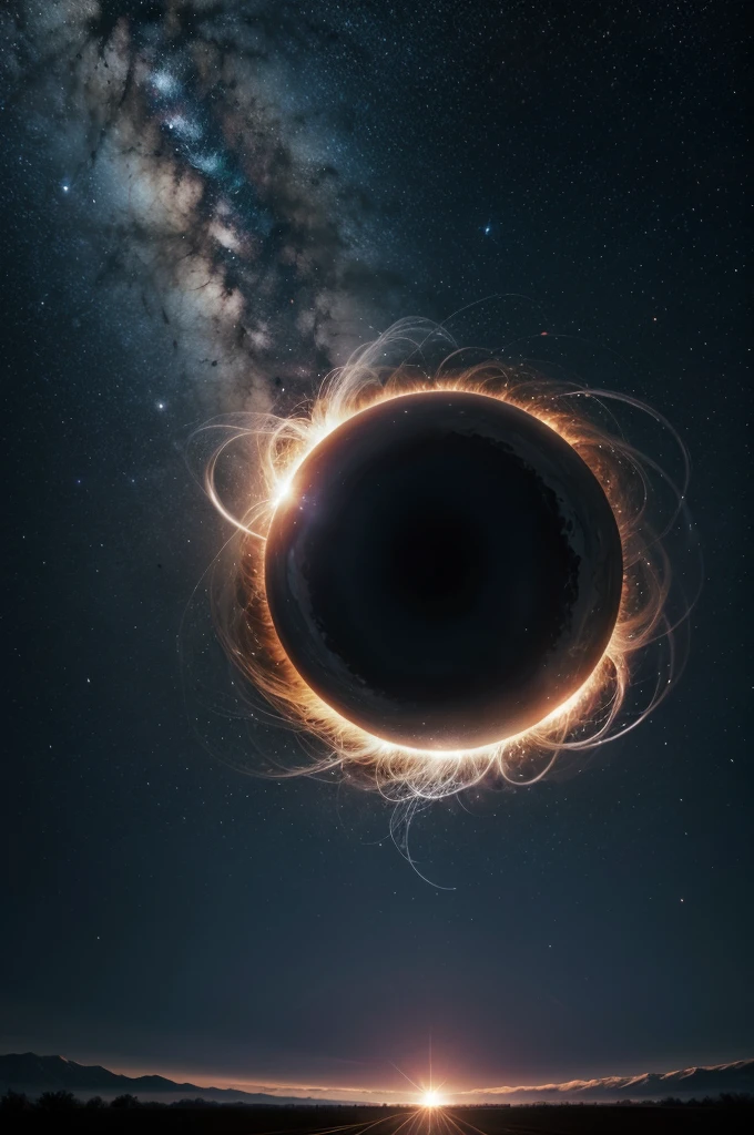 Give me a scene of a field with the sky having a black hole orbiting a neutron star