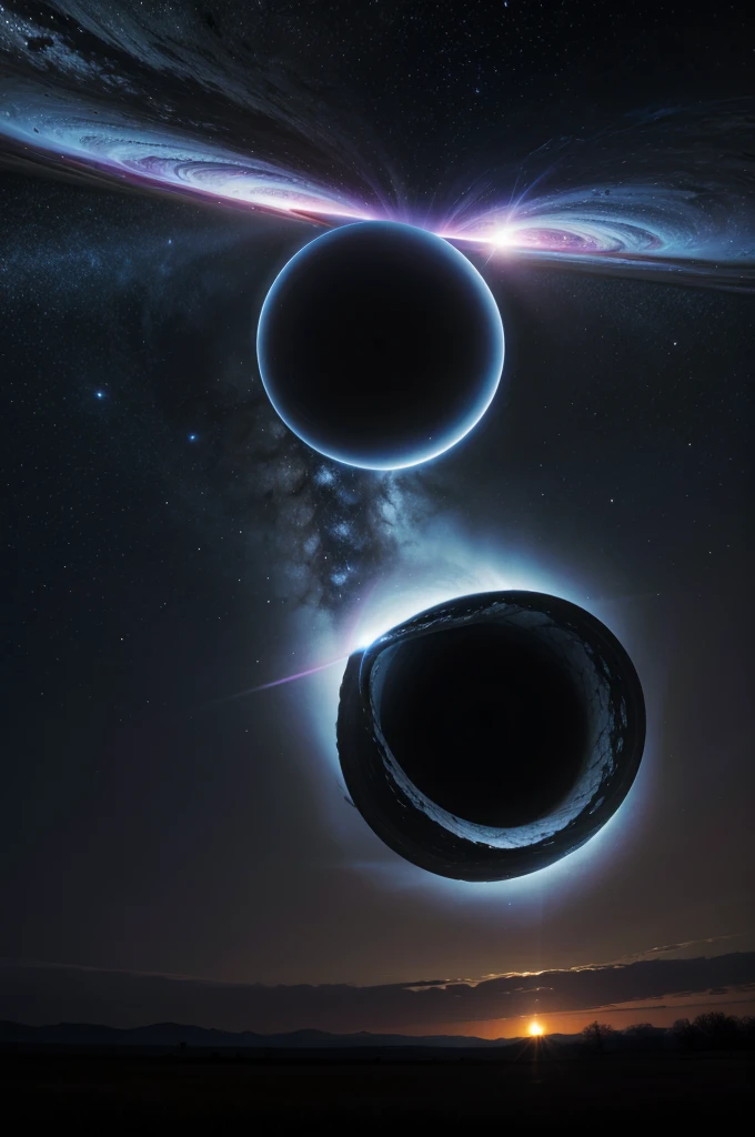 Give me a scene of a field with the sky having a black hole orbiting a neutron star
