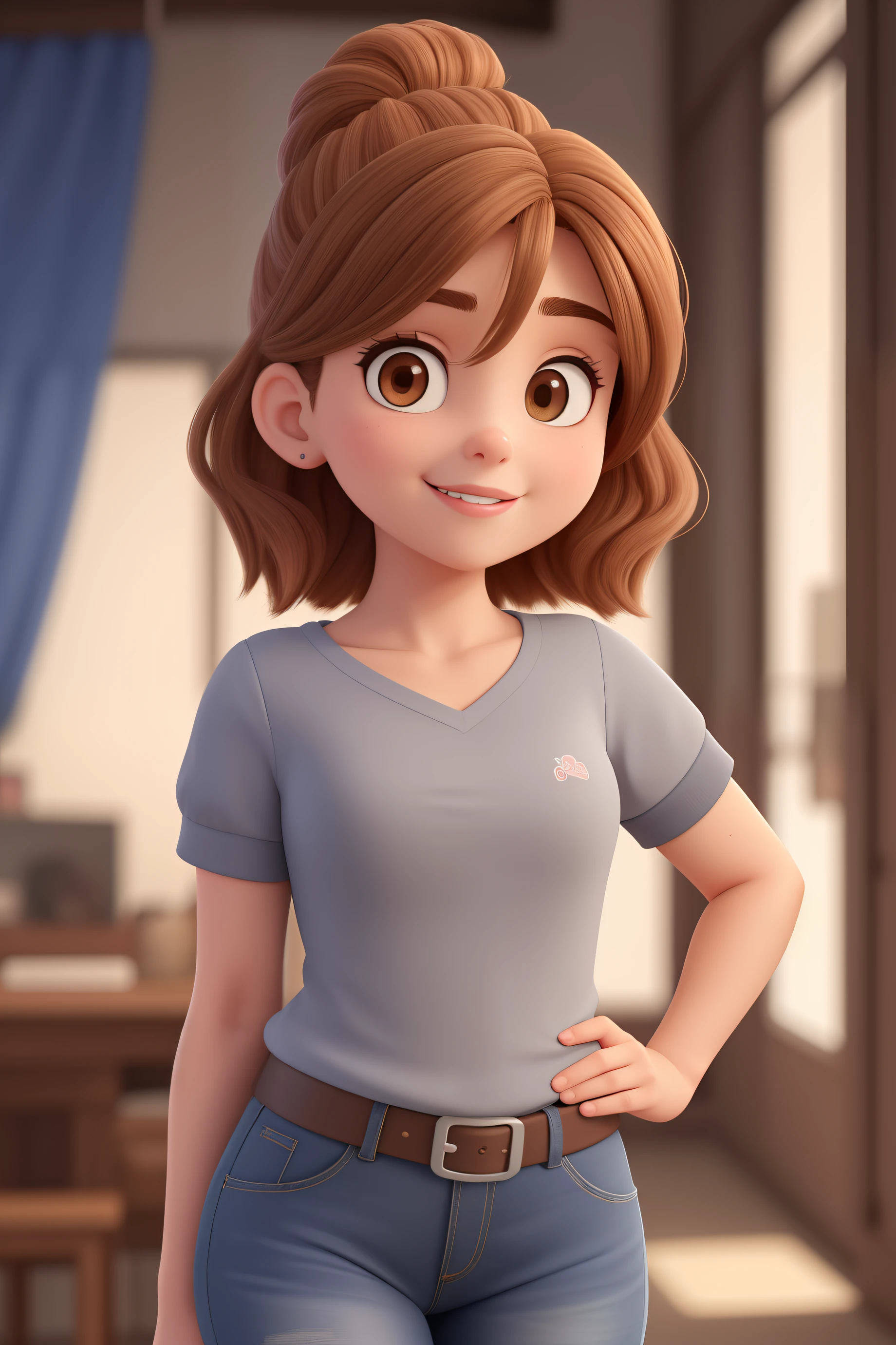 A woman with light brown hair, with a visible eye that appears to be light brown in color. Her skin appears clear and she displays a slight smile., with a dimple on the cheek. Her face shows well-defined eyebrows and seemingly smooth skin.. She's wearing a gray blouse, with some blue drawings. she is a little chubby, but not too much. not Disney Pixar style