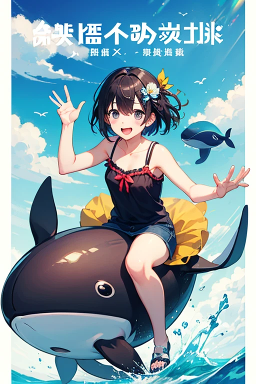 Highest quality、Black Hair、Iris、short hair、girl、cute、16 years old、、Small hair ornament、1 person、camisole、Big flying whale、Whale ride、Full of energy、A happy smile、