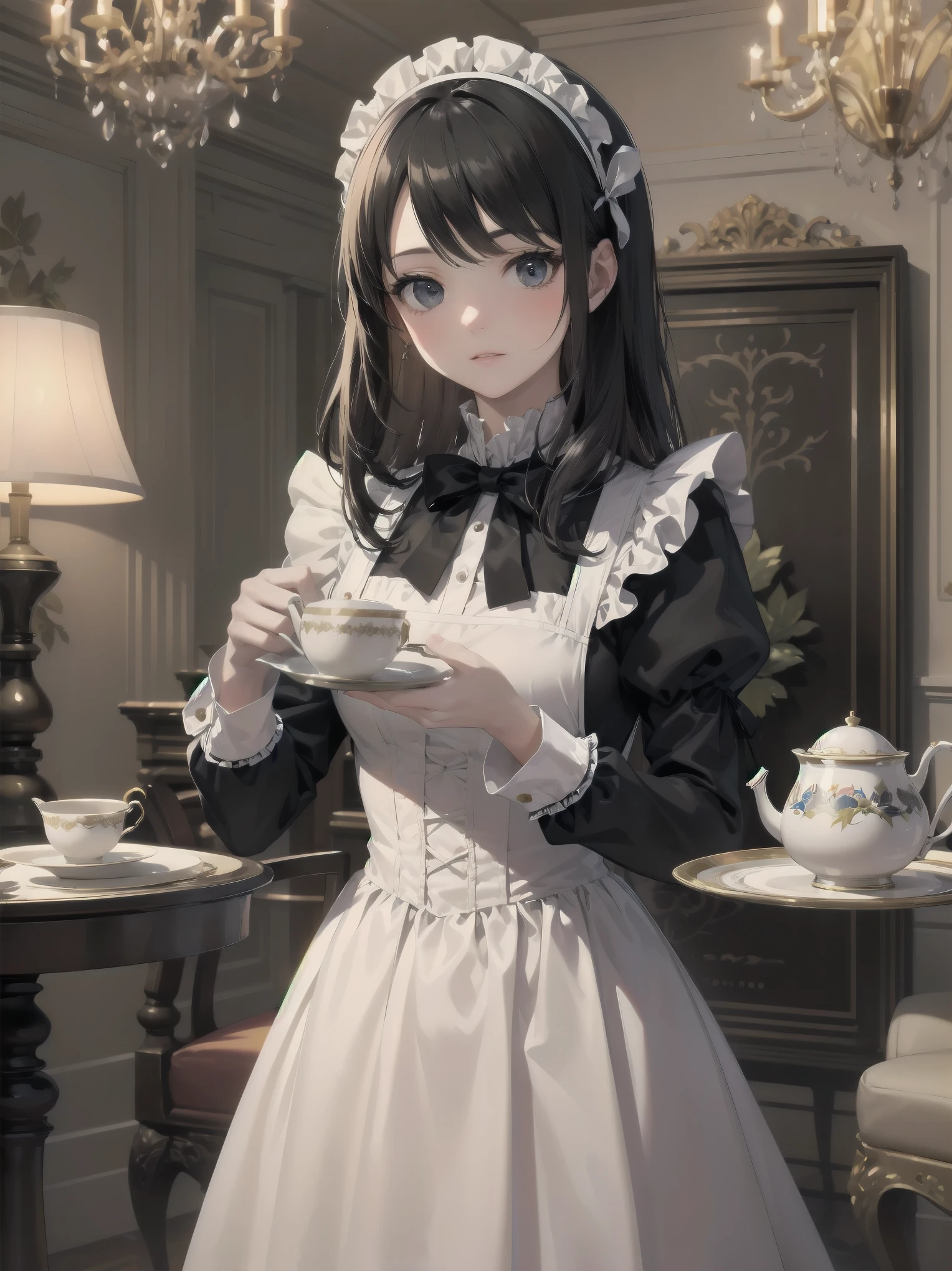 Illustration of a beautiful girl in a cute pose,(Masterpiece: 1.2), (Best quality: 1.2), A cute girl with long black hair, dressed in a classic black and white maid outfit with frilly lace and a matching headband, is standing in a beautifully decorated Victorian-style parlor. She is holding a silver tray with a teapot and teacup, her expression a mix of professionalism and warmth. The background includes ornate furniture, a chandelier, and large windows with heavy drapes, all bathed in soft afternoon light. This illustration emphasizes the elegant and welcoming atmosphere of a high-class tea service