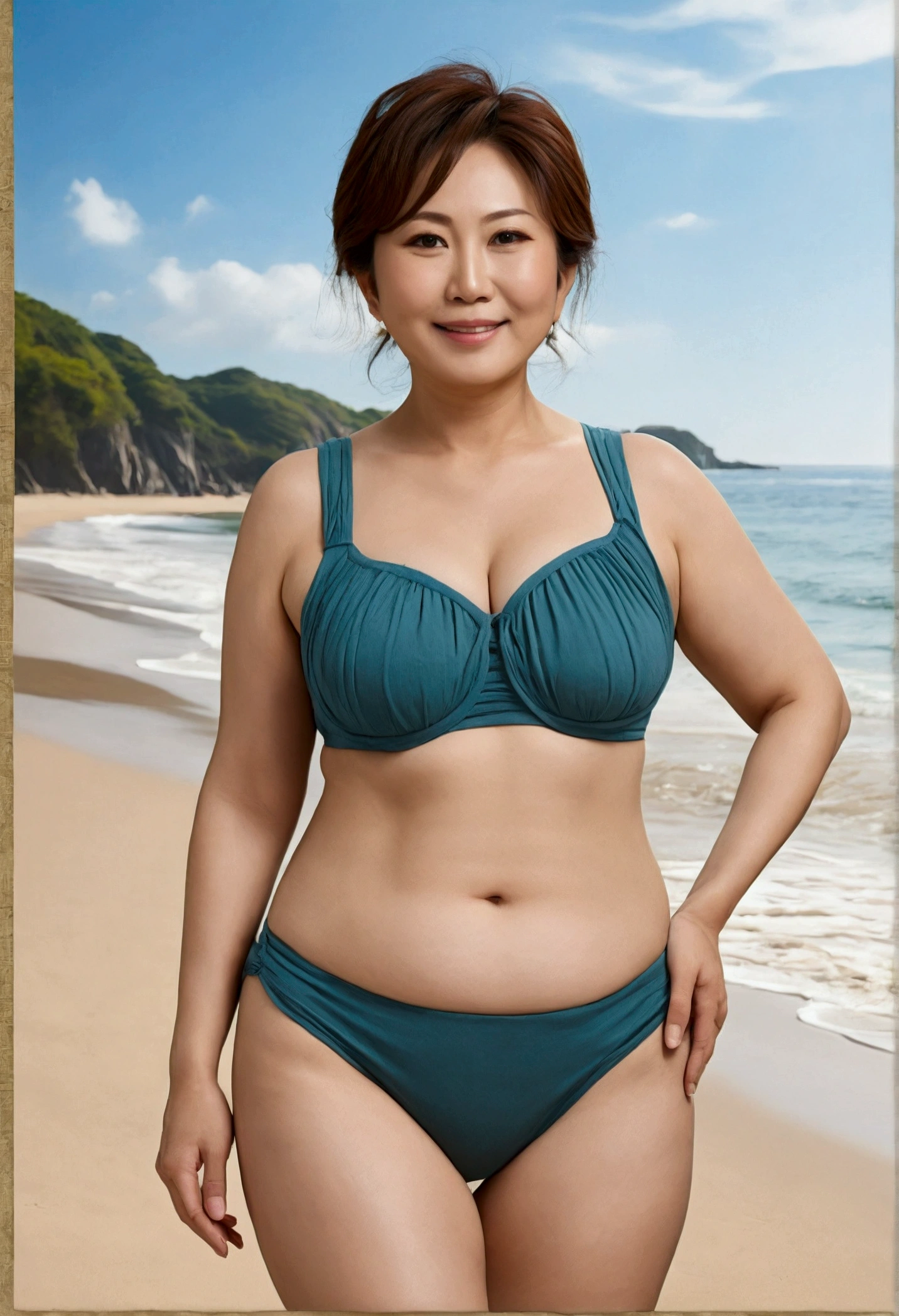High resolution, High resolution, Attention to detail, masterpiece, Rough skin, Anatomically correct, sharp,
Beach background
((Japanese Mature, 50 years old)), alone, ((Facial wrinkles)), Beautiful big breasts, Chubby body type,
(
, beach underwear, Big Butt、Friendly smile、Charming view、Charming gaze、