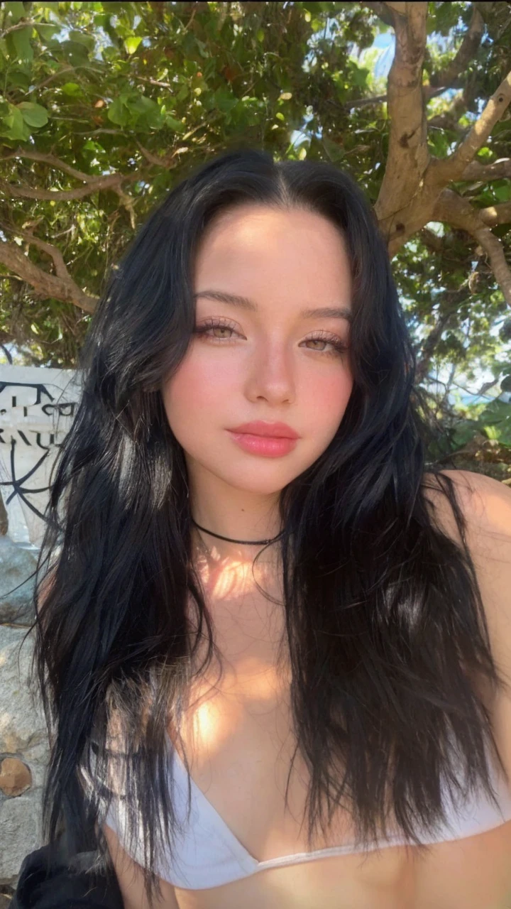black hair with red highlights, reddish brown eyes and not too exaggerated tattoo.