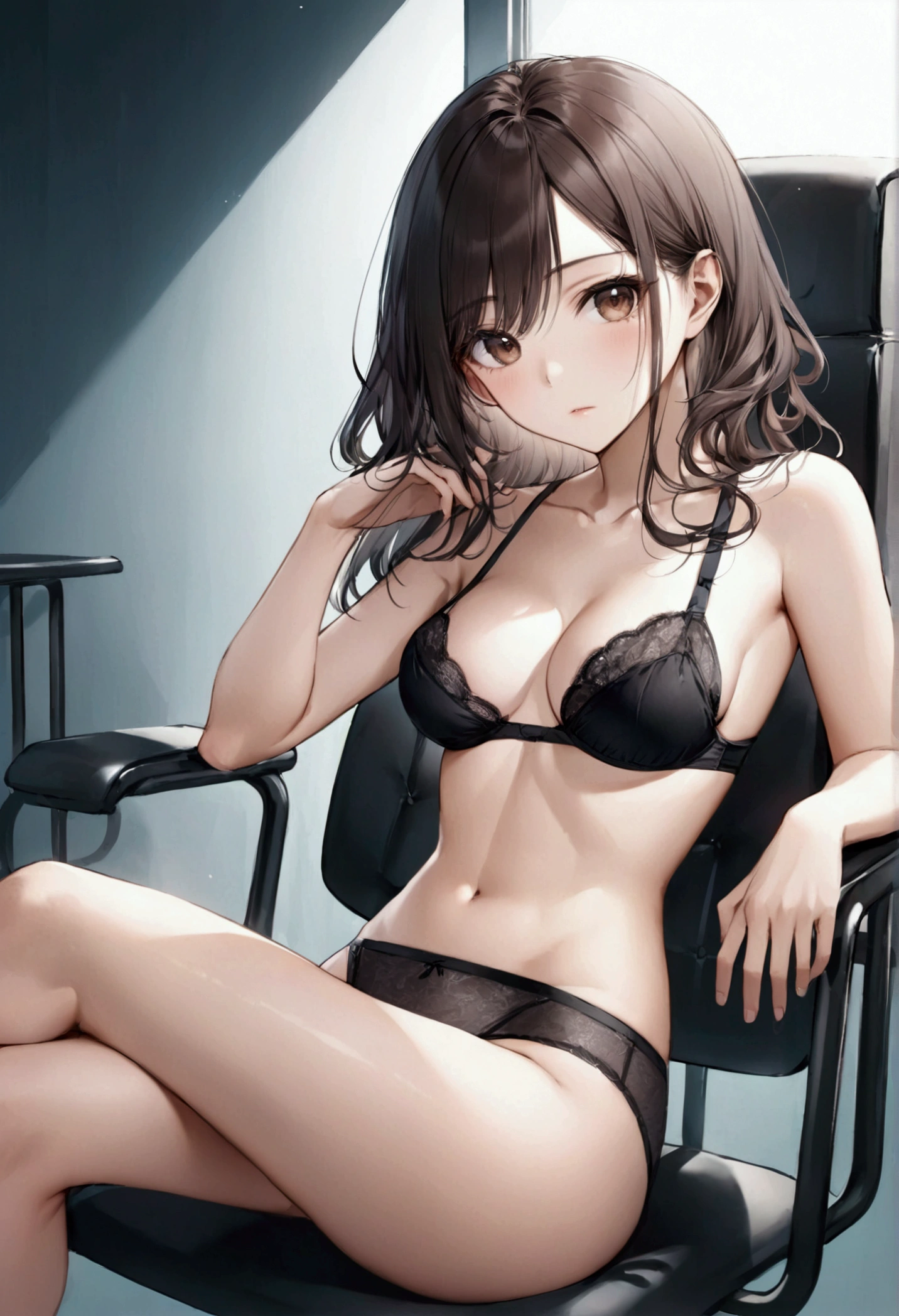 Asian woman, de cabelos pretos, brown and striking eyes, age 20 years, with large chest, without t-shirt and bra, sitting in a chair, and with black panties