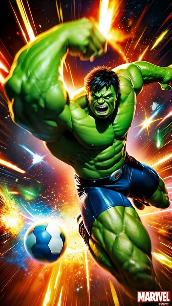 Marvel superhero Hulk. Playing soccer. Chaos everywhere background.