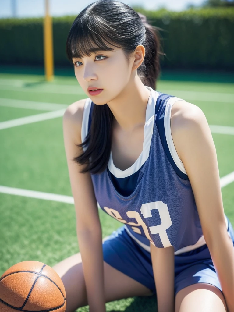 (8k、top-quality、masterpiece:1.2)、(realisitic、Photorealsitic:1.37)、Ultra-detail、top-quality、超A high resolution、From head to thigh、professionally lit、Photon mapping、Radio City、physically-based renderingt、Cinematic lighting、Basketball court,gymnasium、depth of fields,Focusing,Sun'rays,Good composition,(bokeh:1.2),1 girl,(full body Esbian),(Keep your mouth shut),Beautiful eyes,the pose,Constriction,Basketball Uniforms,Cropped tank top、A darK-haired,poneyTail,(ulzzang-6500:1.2) mix4, hiqcgbody、Cleavage