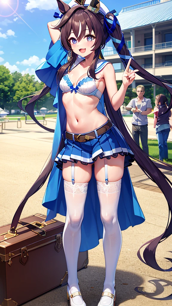 masterpiece, Highest quality, detailed, highly detailed, ultra detailed, Viblos \(umamusume\), Horse tail, Have, White sailor collar, Exposing shoulders, Blue Ribbon, small cape, strap, Anchor decoration, Body stockings, belt, Bare knees, White pleated skirt, White boots, smile, Raise your arms, Underarm,(panties), (In underwear), (Flashy underwear), (lingerie), Skirt Lift
